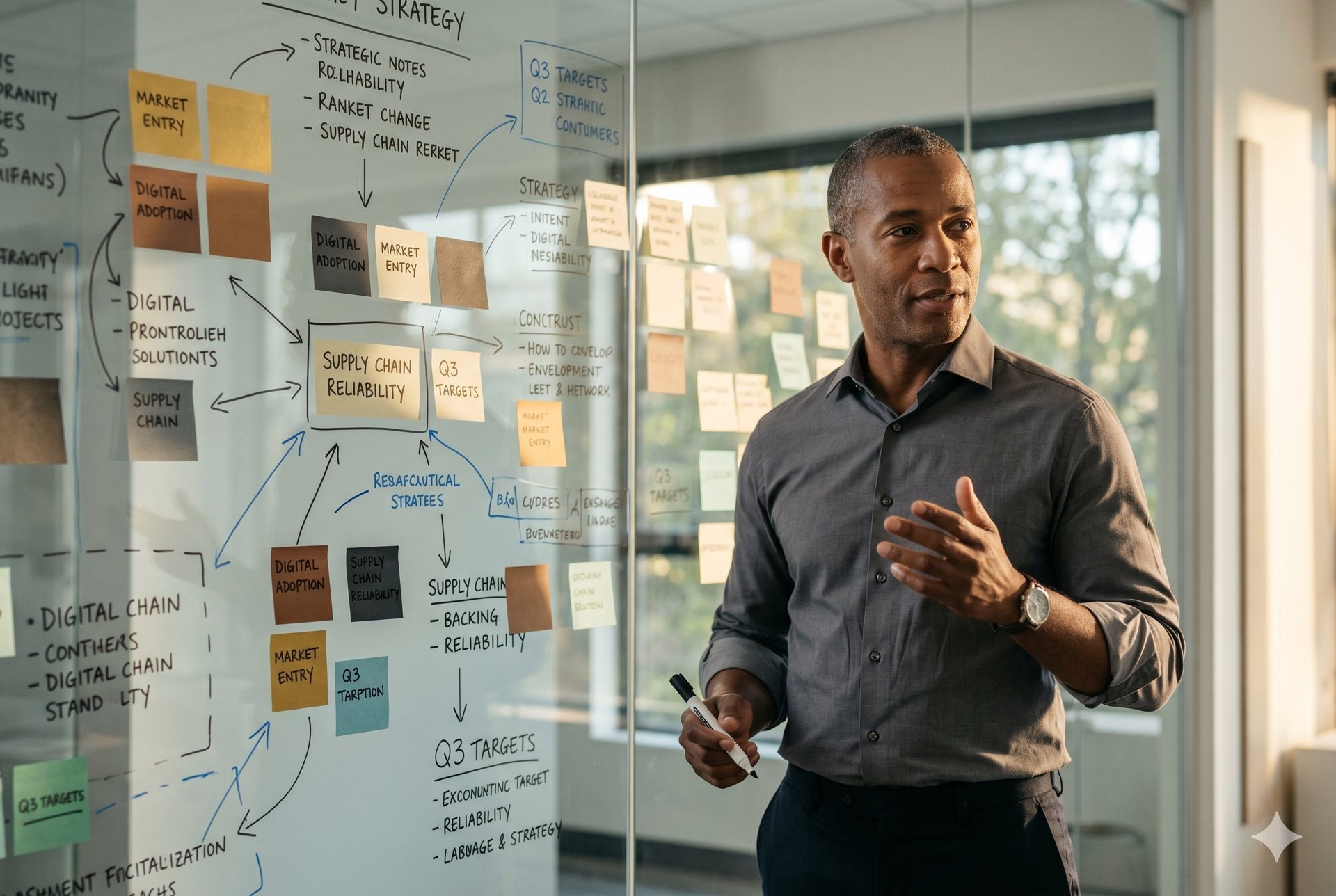 South African business executive surveying Sandton skyline at golden hour